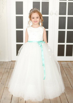 Ivory 3D Flowers Lace Tulle Flower Girl Dress